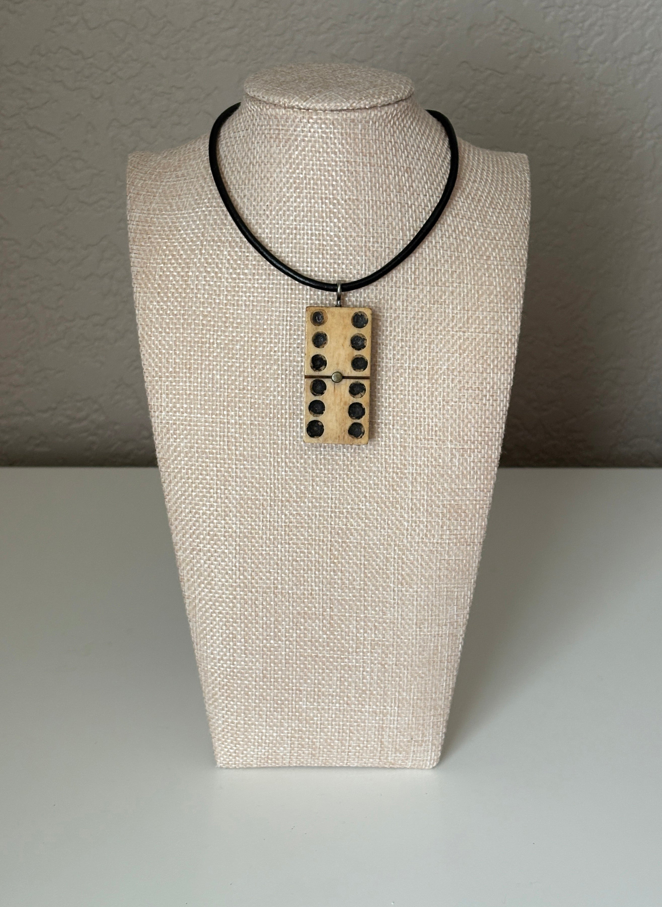Series 10: Antique Domino as Pendant Necklace - Leather Cord, Sterling Silver Clasp