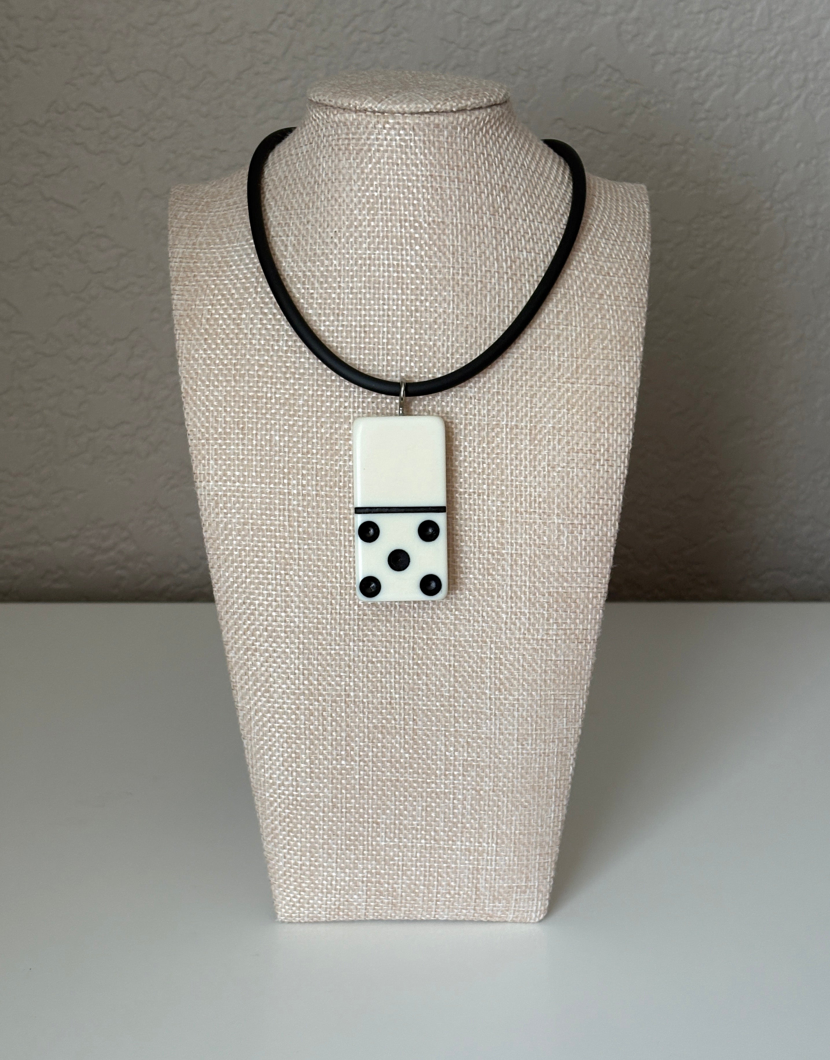 Series 9: 1960s Vintage Domino as Pendant Necklace - Rubber Cord, Sterling Silver Clasp