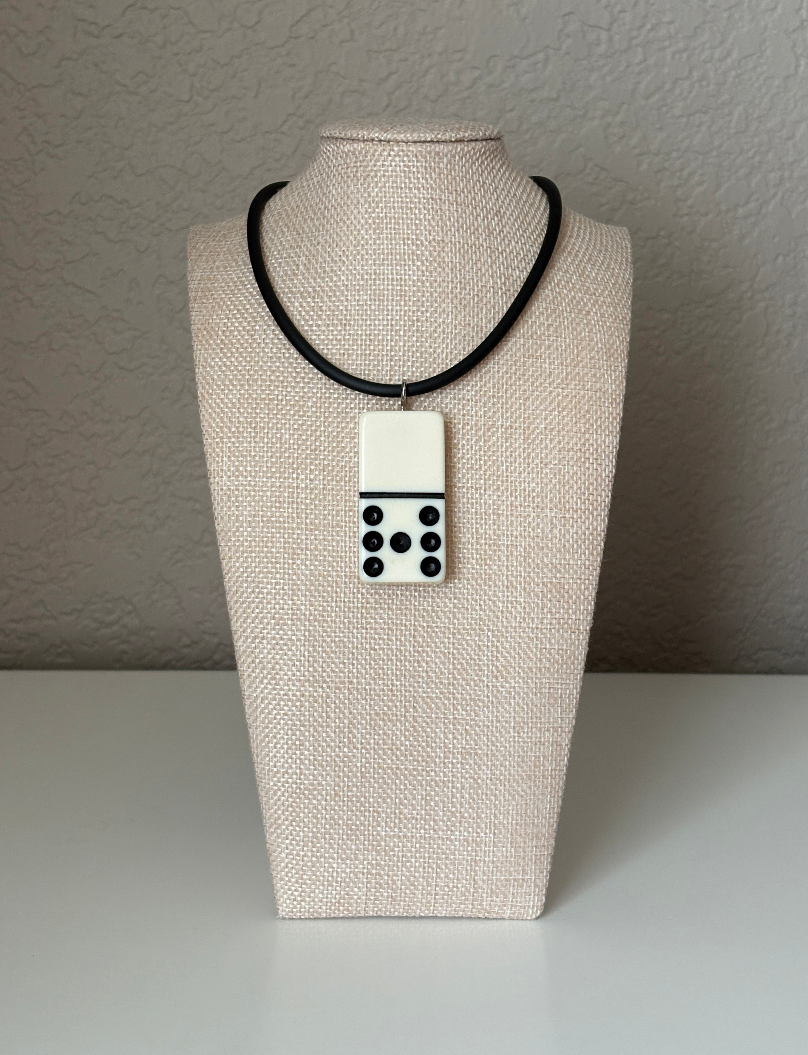 Series 9: 1960s Vintage Domino as Pendant Necklace - Rubber Cord, Sterling Silver Clasp