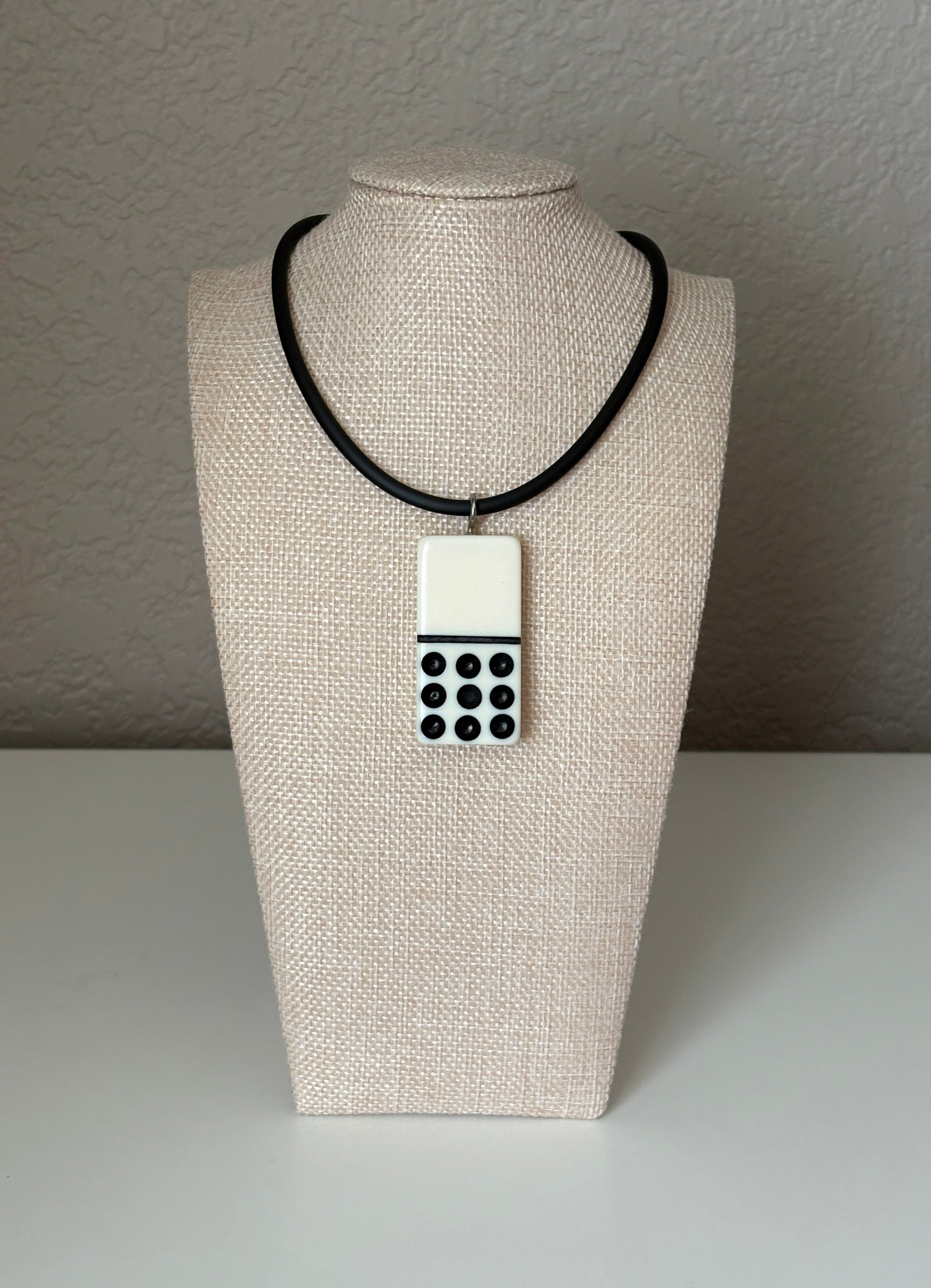 Series 9: 1960s Vintage Domino as Pendant Necklace - Rubber Cord, Sterling Silver Clasp