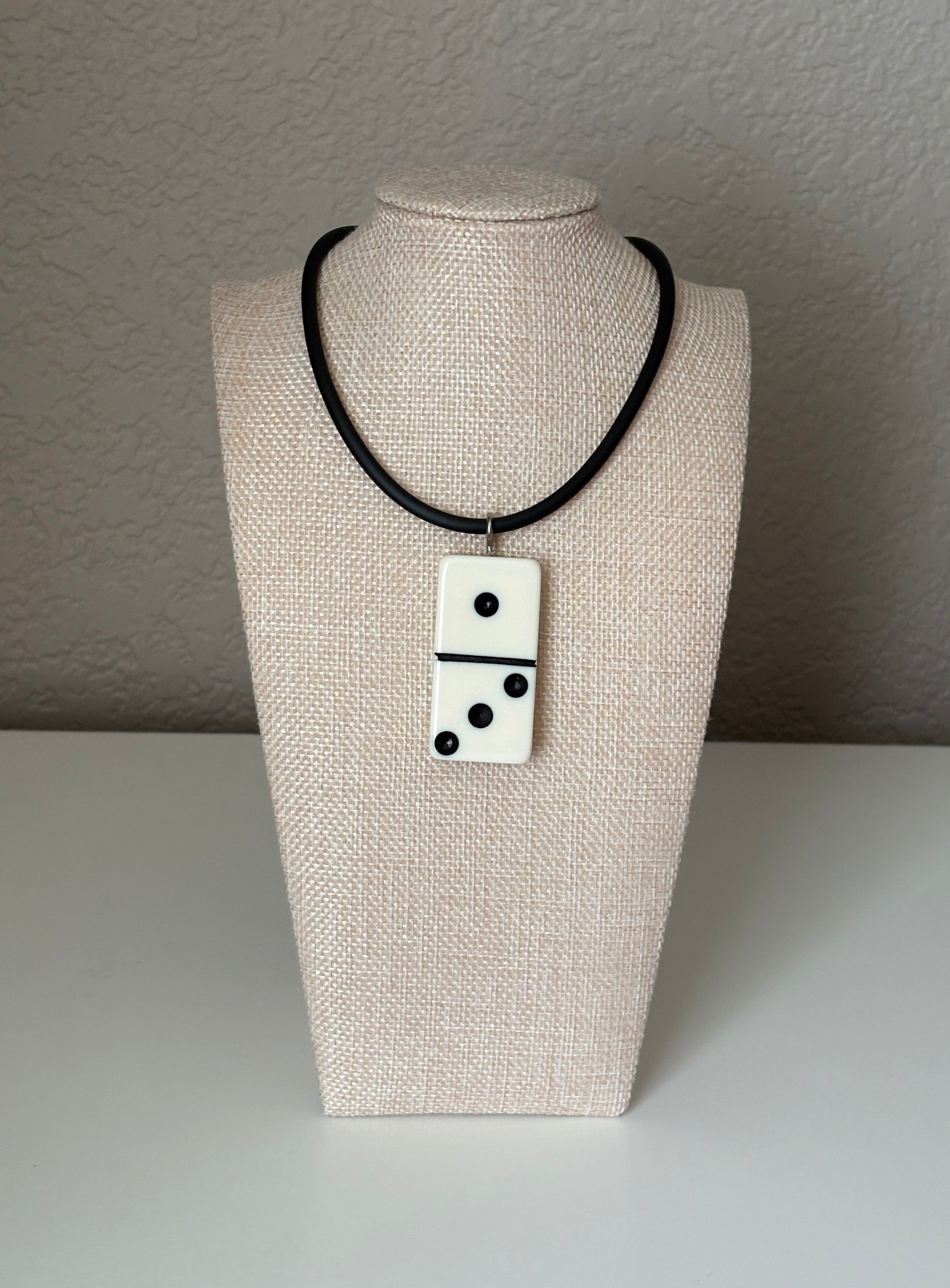 Series 9: 1960s Vintage Domino as Pendant Necklace - Rubber Cord, Sterling Silver Clasp