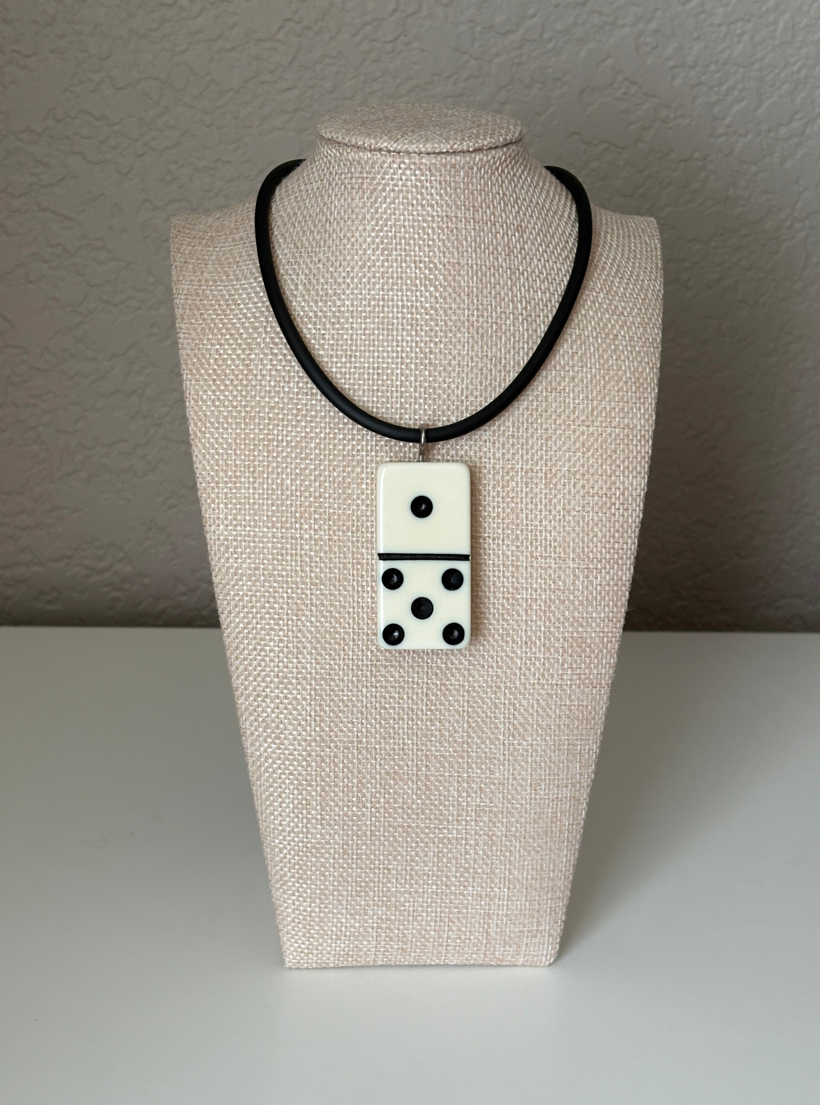Series 9: 1960s Vintage Domino as Pendant Necklace - Rubber Cord, Sterling Silver Clasp