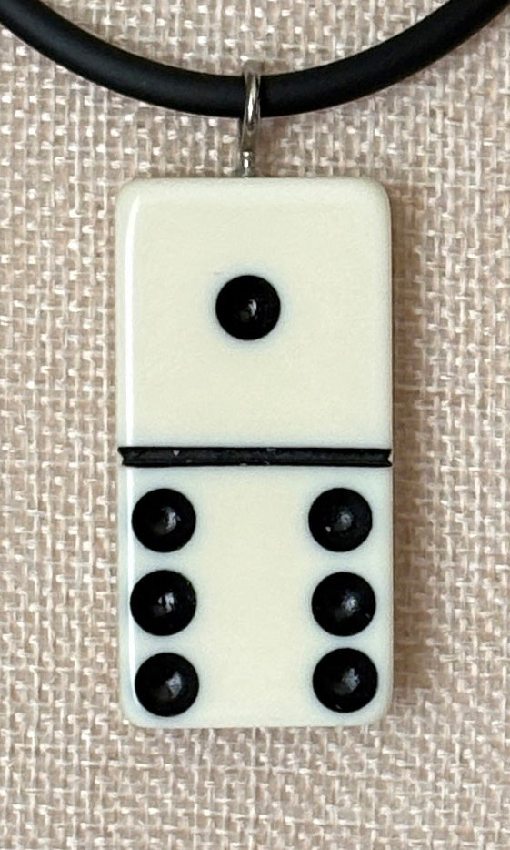 Series 9: 1960s Vintage Domino as Pendant Necklace - Rubber Cord, Sterling Silver Clasp