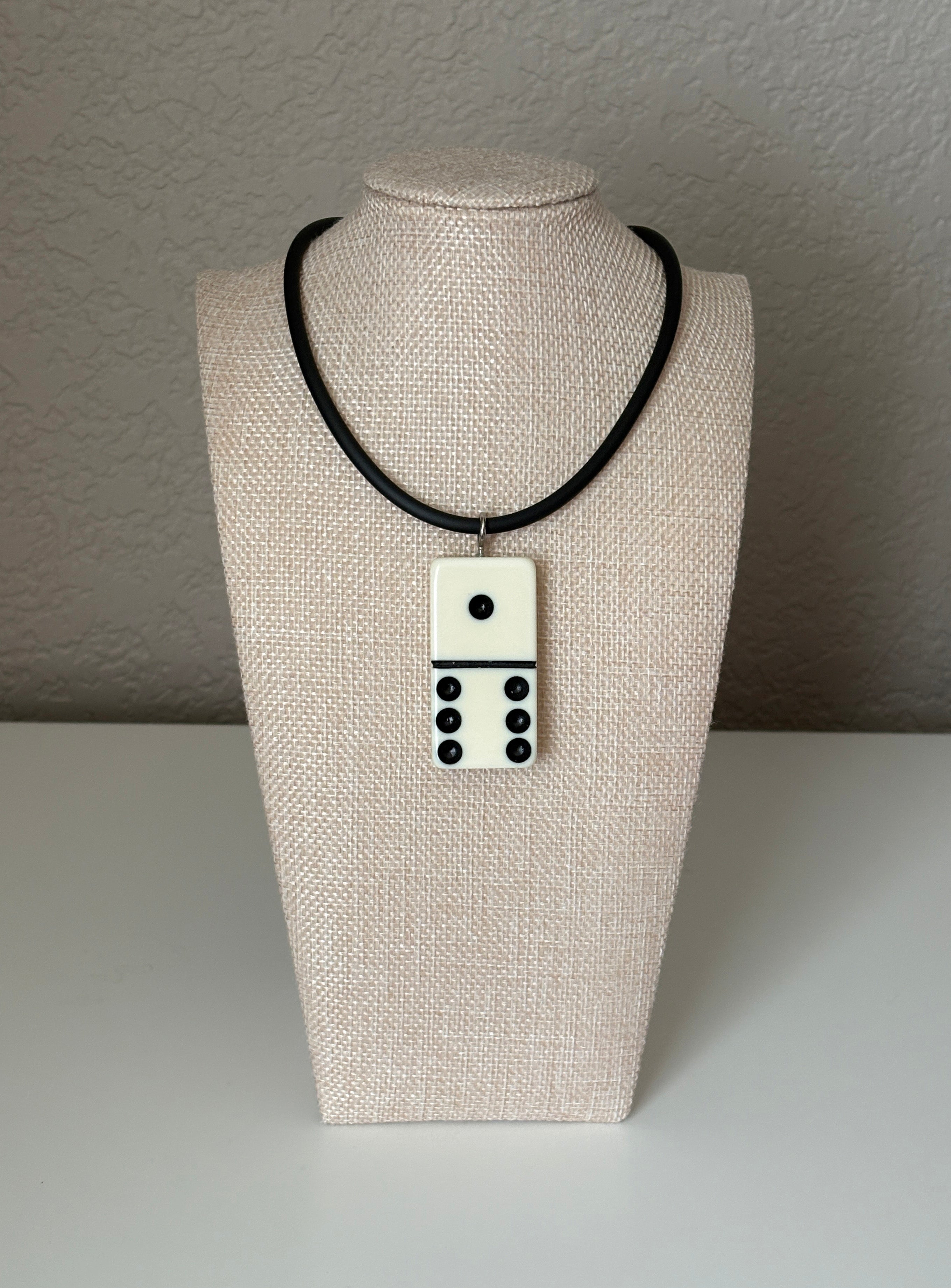 Series 9: 1960s Vintage Domino as Pendant Necklace - Rubber Cord, Sterling Silver Clasp