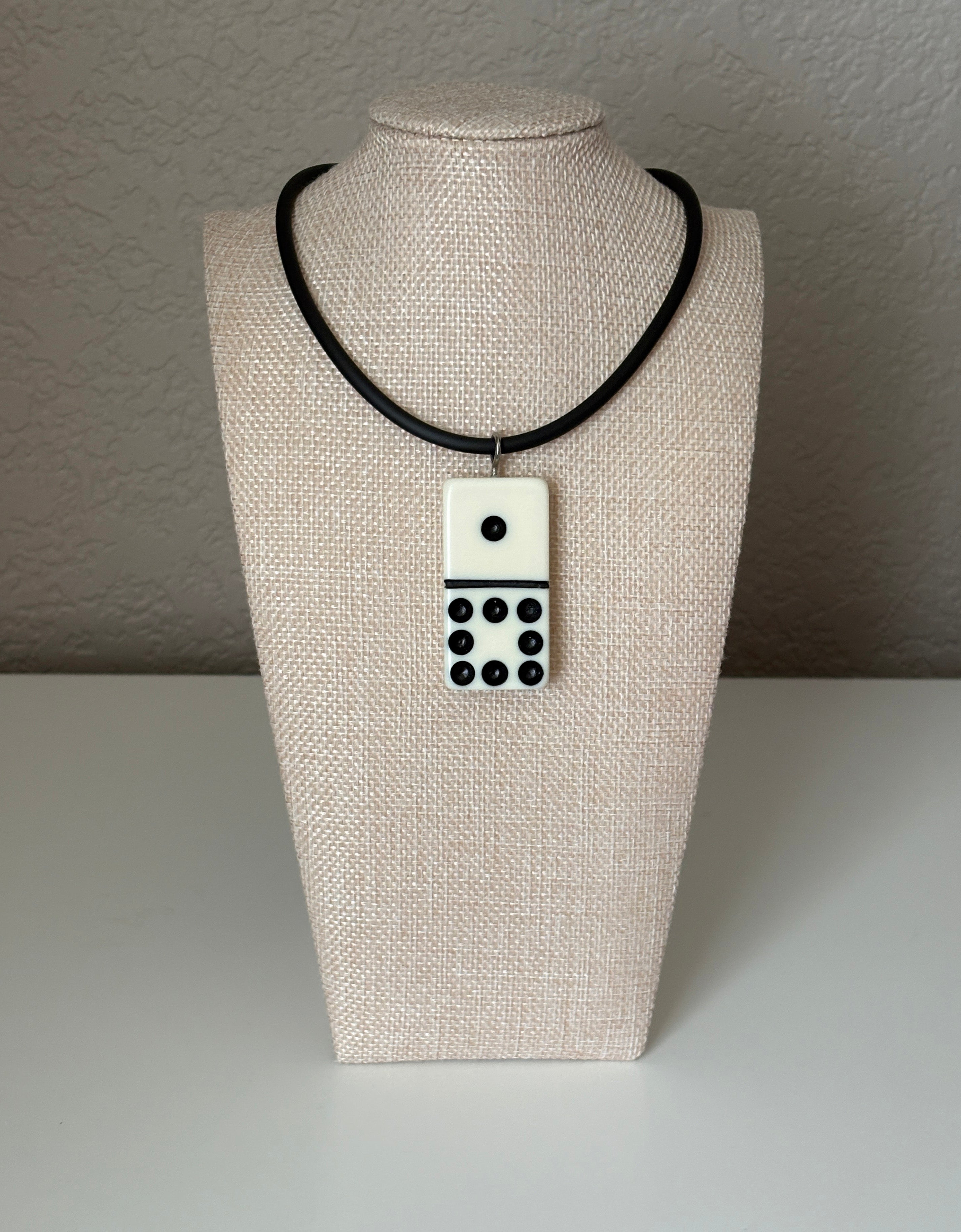 Series 9: 1960s Vintage Domino as Pendant Necklace - Rubber Cord, Sterling Silver Clasp
