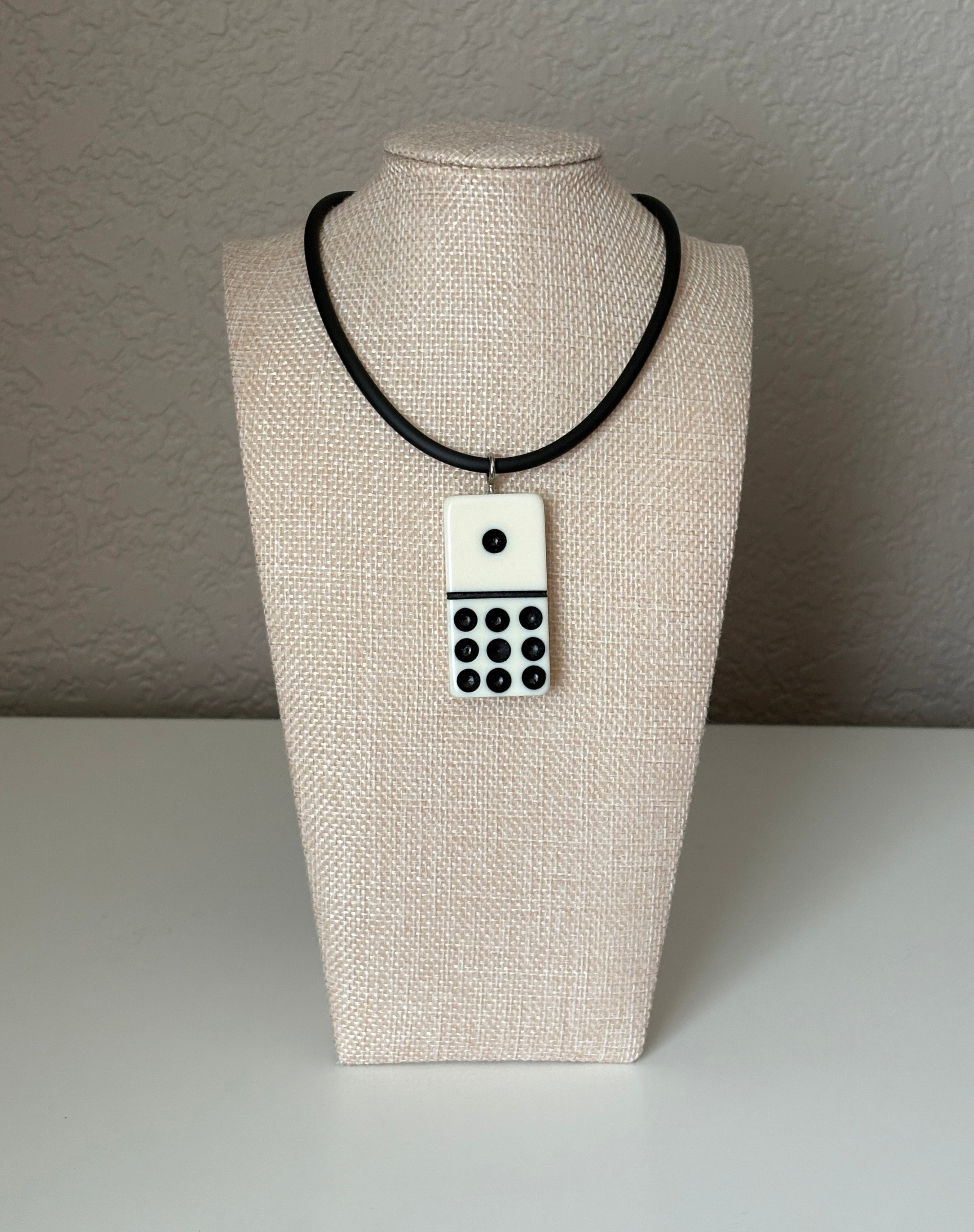 Series 9: 1960s Vintage Domino as Pendant Necklace - Rubber Cord, Sterling Silver Clasp