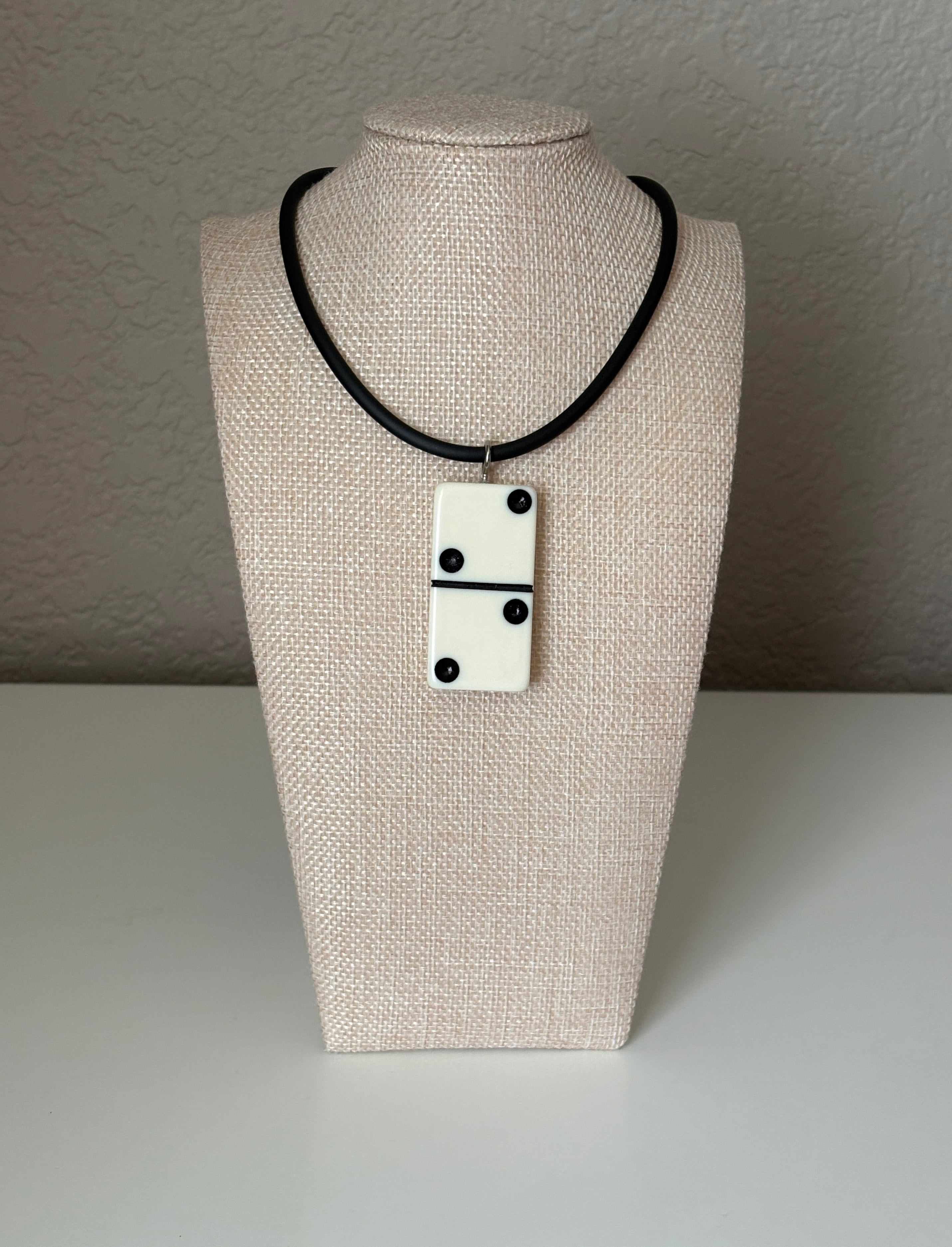 Series 9: 1960s Vintage Domino as Pendant Necklace - Rubber Cord, Sterling Silver Clasp