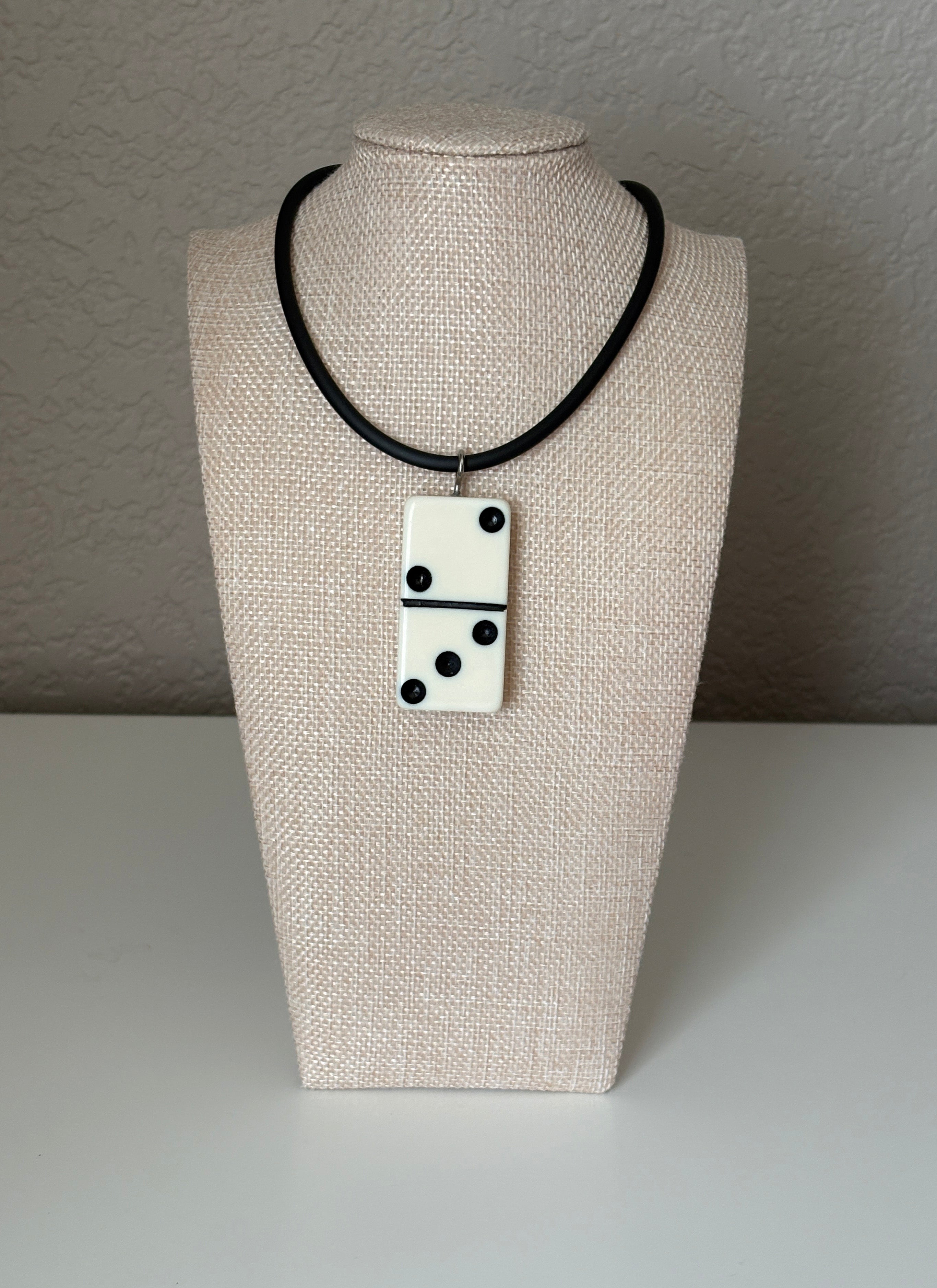 Series 9: 1960s Vintage Domino as Pendant Necklace - Rubber Cord, Sterling Silver Clasp