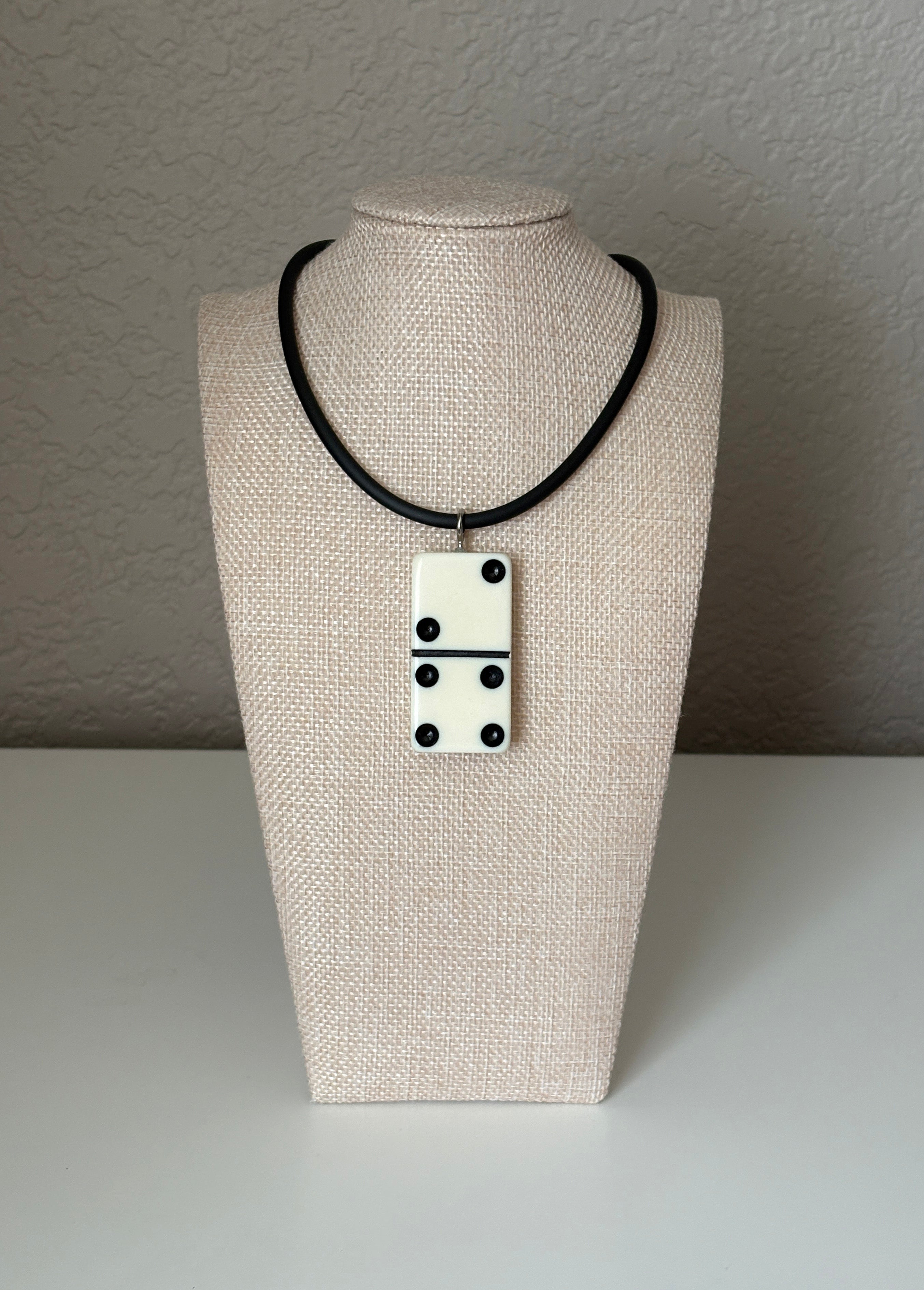 Series 9: 1960s Vintage Domino as Pendant Necklace - Rubber Cord, Sterling Silver Clasp