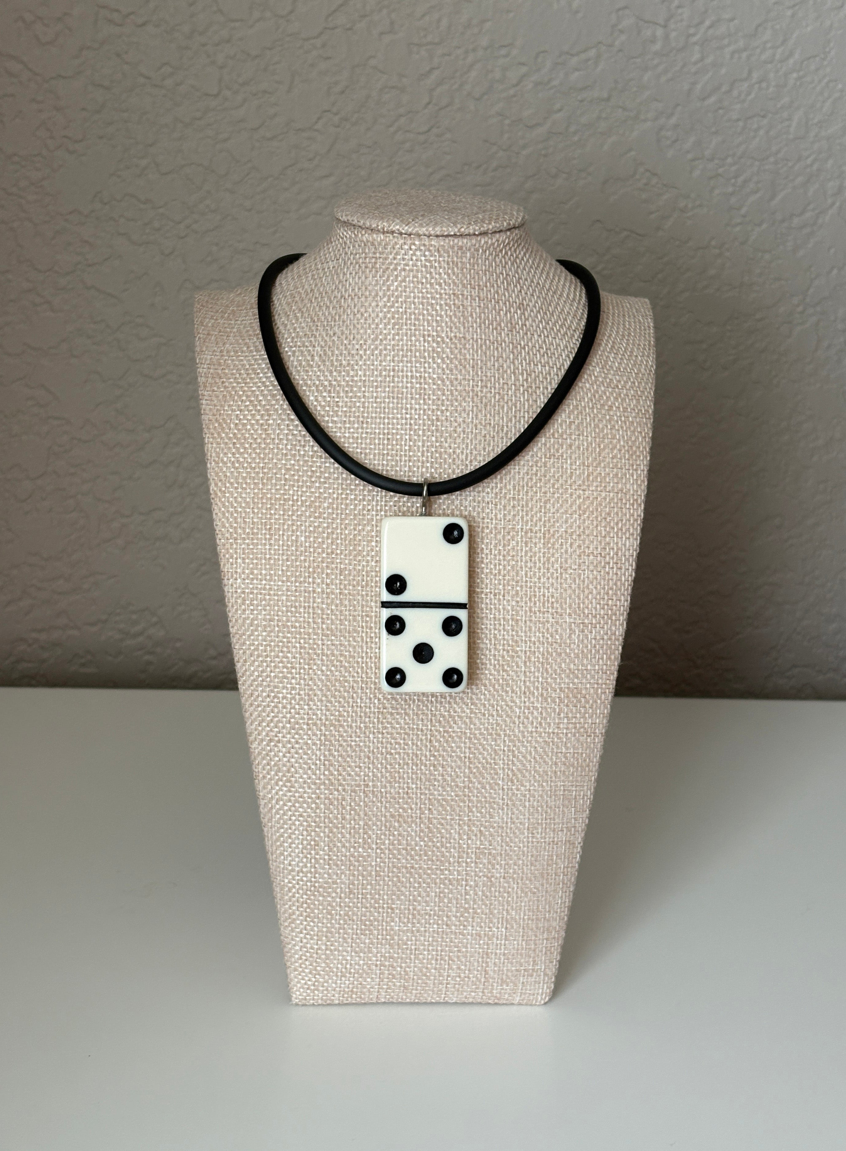Series 9: 1960s Vintage Domino as Pendant Necklace - Rubber Cord, Sterling Silver Clasp