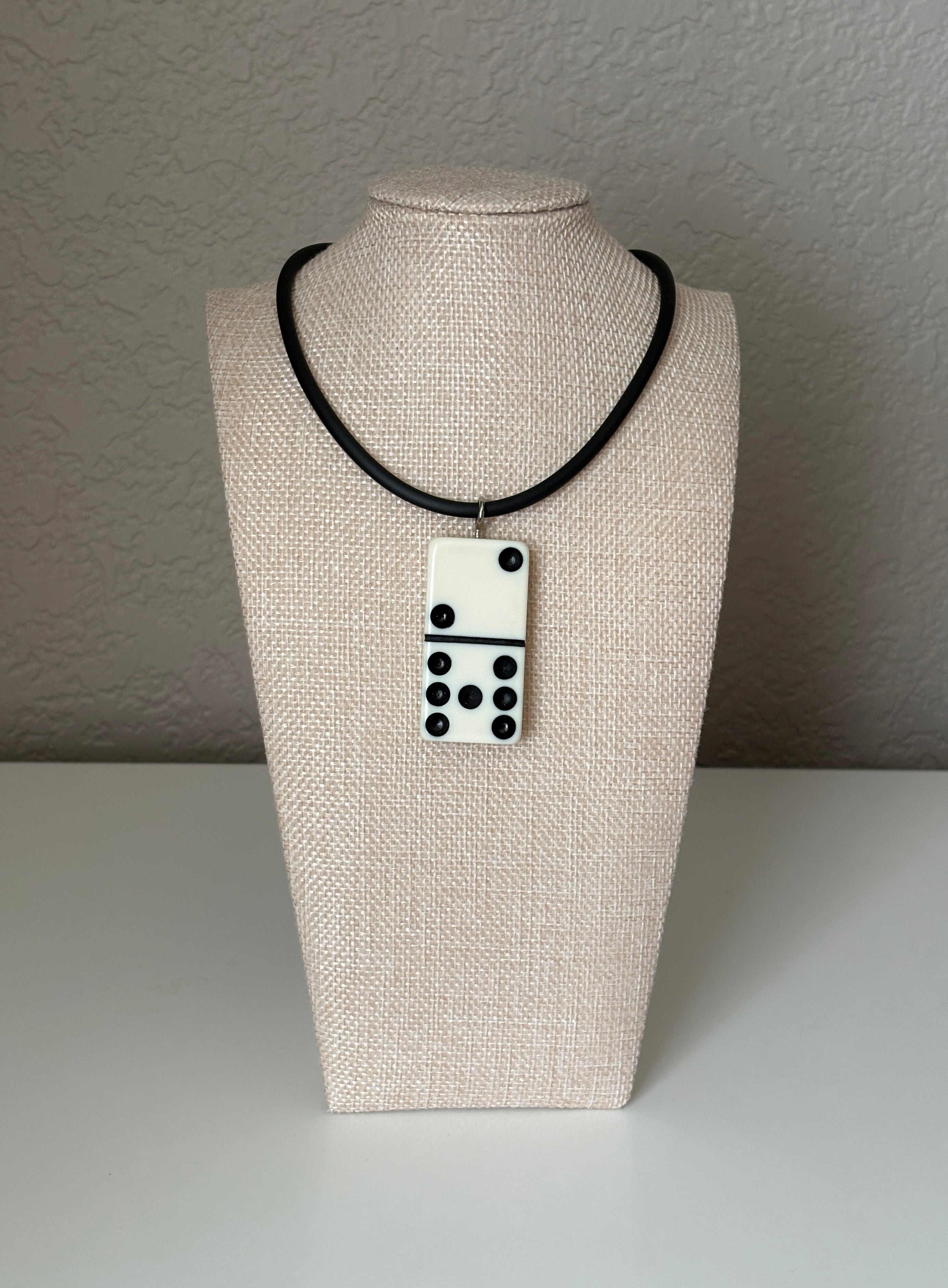 Series 9: 1960s Vintage Domino as Pendant Necklace - Rubber Cord, Sterling Silver Clasp