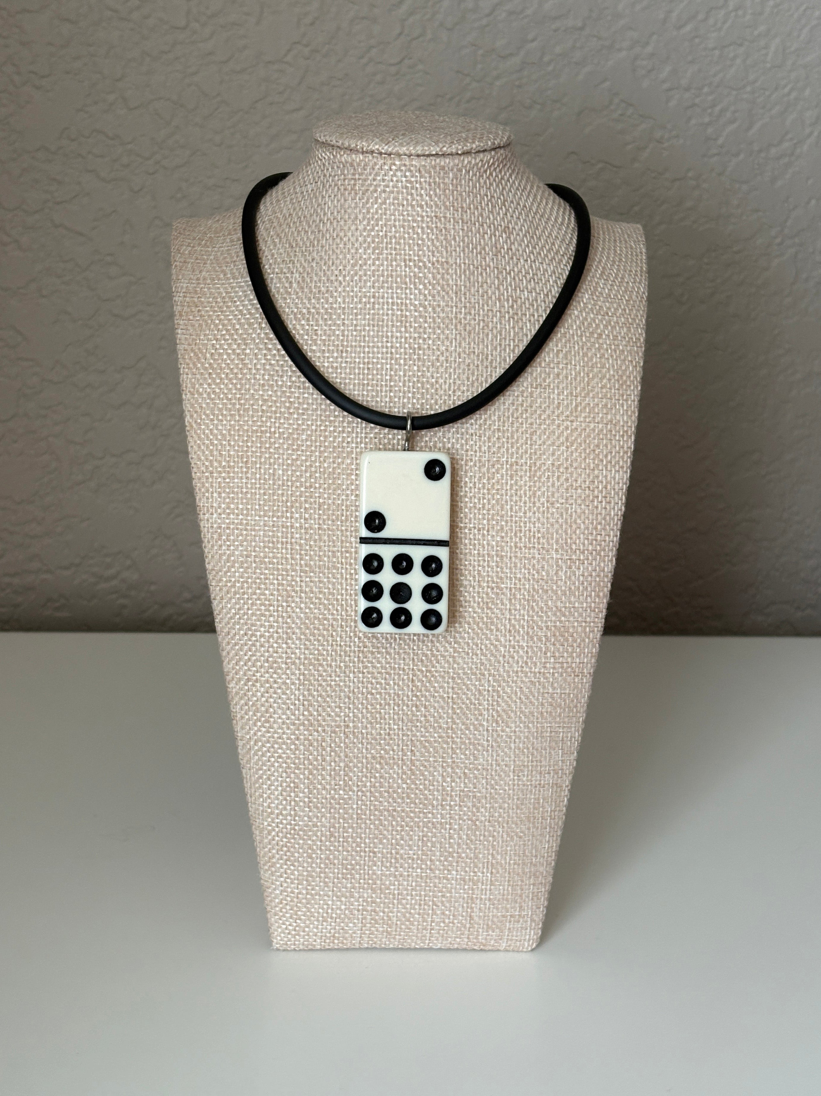 Series 9: 1960s Vintage Domino as Pendant Necklace - Rubber Cord, Sterling Silver Clasp
