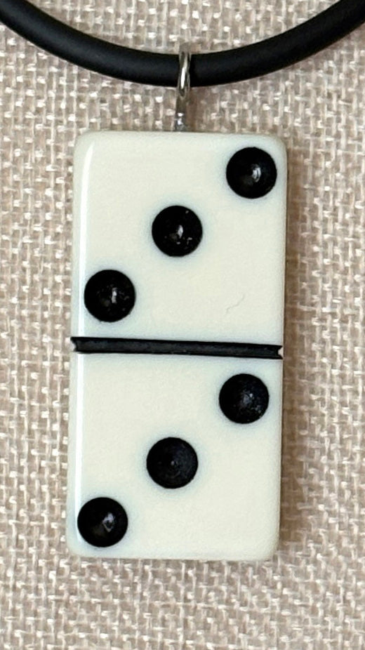 Series 9: 1960s Vintage Domino as Pendant Necklace - Rubber Cord, Sterling Silver Clasp