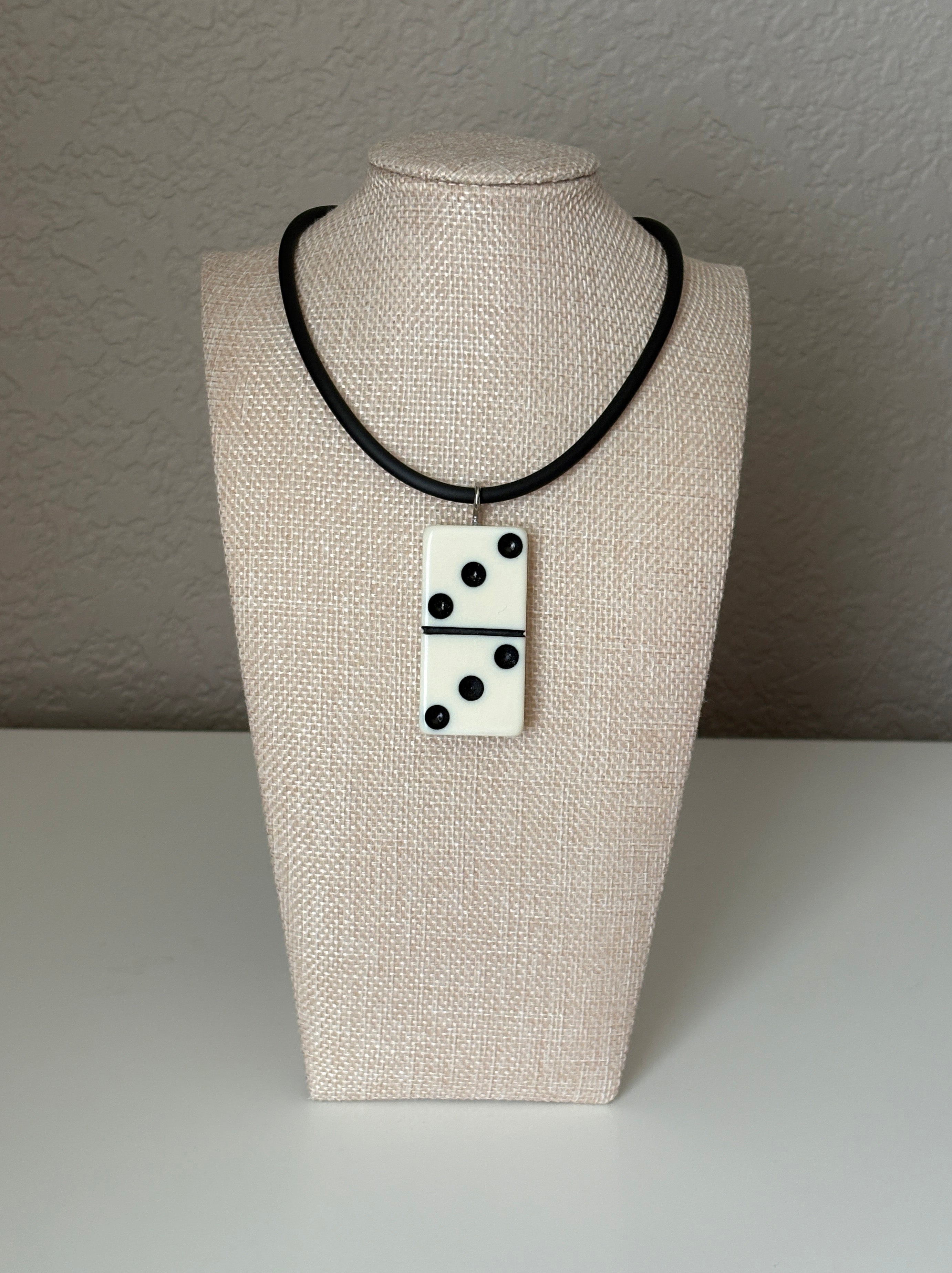 Series 9: 1960s Vintage Domino as Pendant Necklace - Rubber Cord, Sterling Silver Clasp