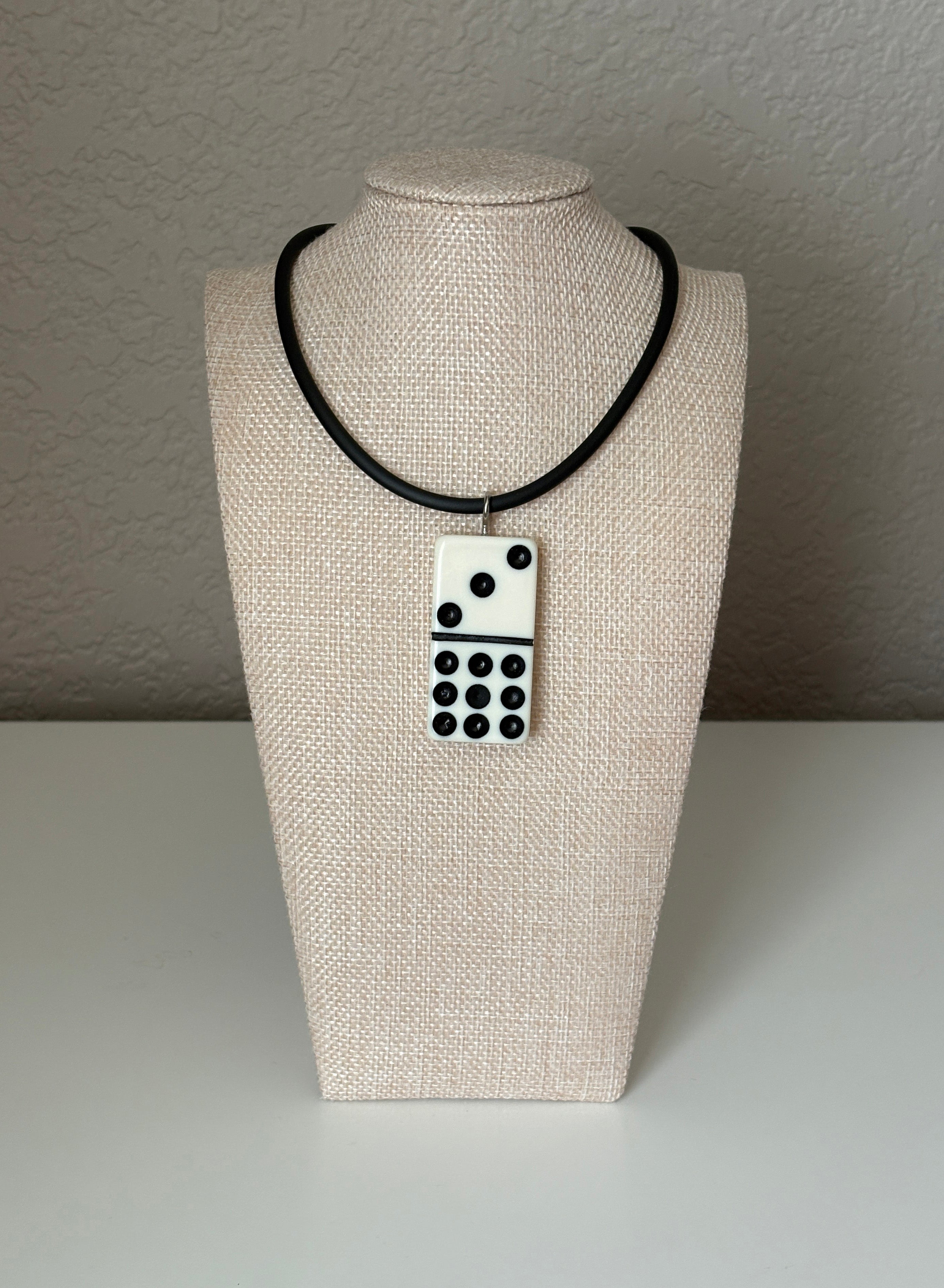 Series 9: 1960s Vintage Domino as Pendant Necklace - Rubber Cord, Sterling Silver Clasp