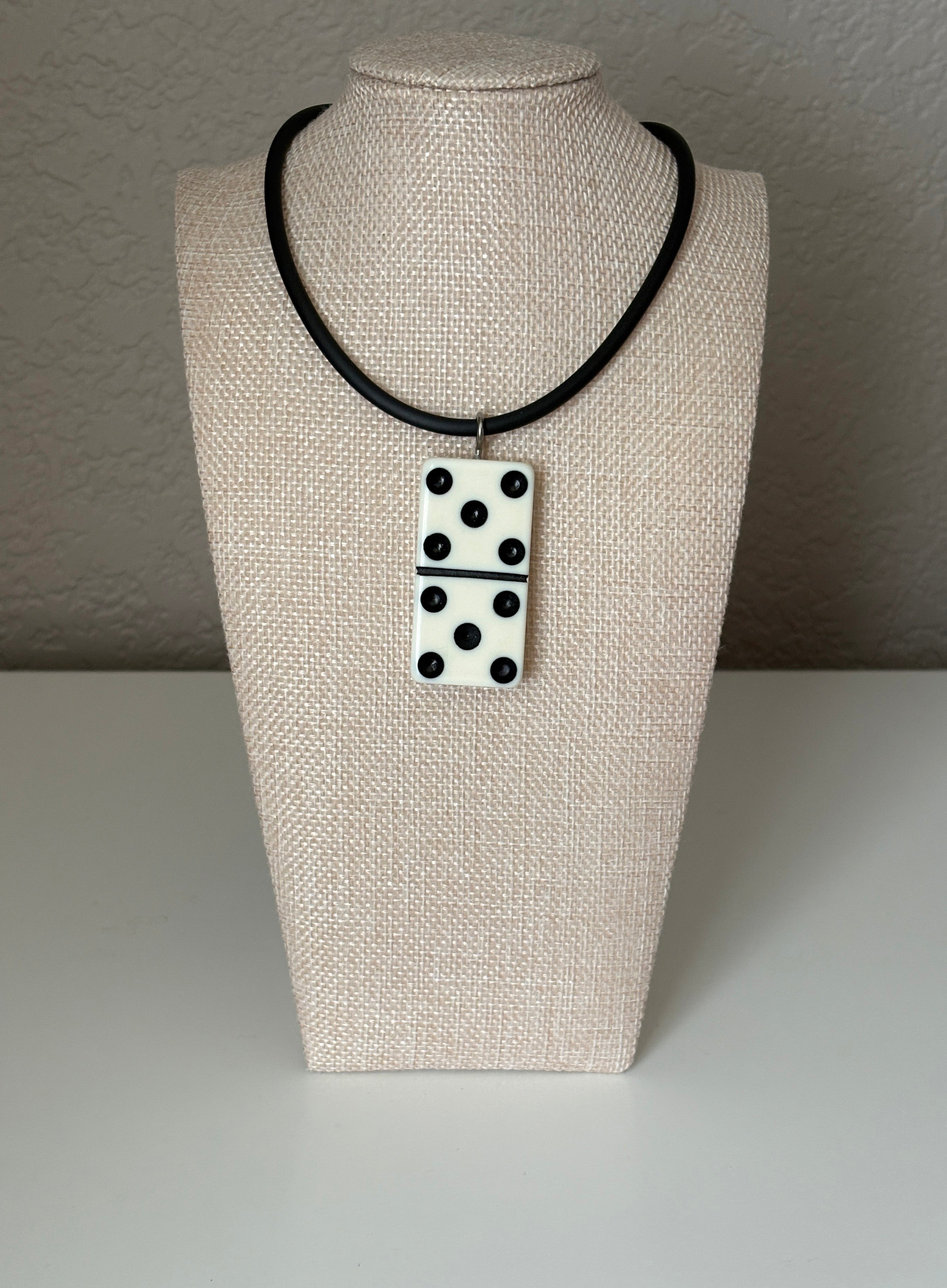 Series 9: 1960s Vintage Domino as Pendant Necklace - Rubber Cord, Sterling Silver Clasp