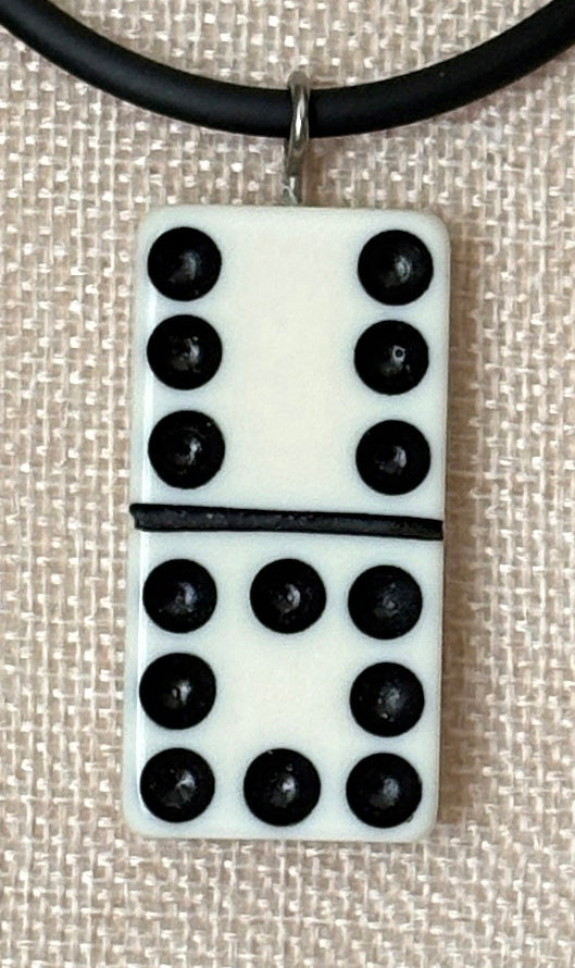 Series 9: 1960s Vintage Domino as Pendant Necklace - Rubber Cord, Sterling Silver Clasp