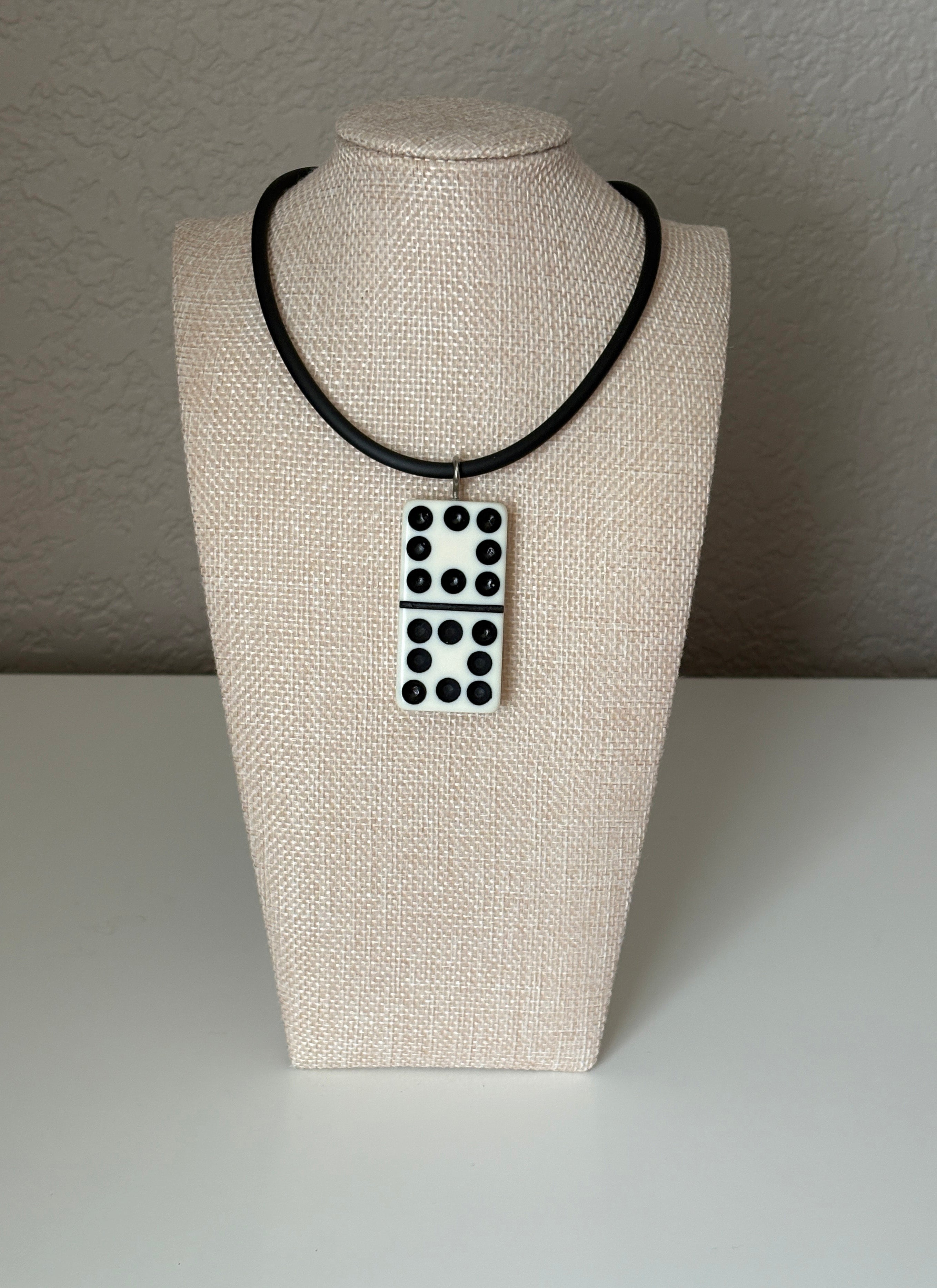 Series 9: 1960s Vintage Domino as Pendant Necklace - Rubber Cord, Sterling Silver Clasp